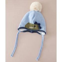 Babyhug Woollen Cap with Pom Pom & Knot with Crocodile Design & Applique Light Blue - Diameter 21 cm