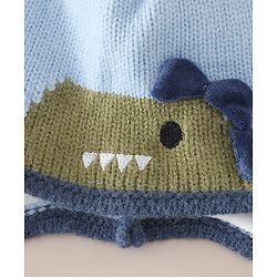 Babyhug Woollen Cap with Pom Pom & Knot with Crocodile Design & Applique Light Blue - Diameter 21 cm