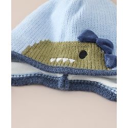 Babyhug Woollen Cap with Pom Pom & Knot with Crocodile Design & Applique Light Blue - Diameter 21 cm