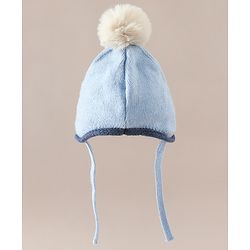 Babyhug Woollen Cap with Pom Pom & Knot with Crocodile Design & Applique Light Blue - Diameter 21 cm