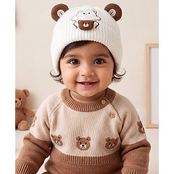 Babyhug Woollen Pom Pom Cap With Bear Design Off White - Diameter 9 cm