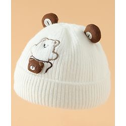 Babyhug Woollen Pom Pom Cap With Bear Design Off White - Diameter 9 cm