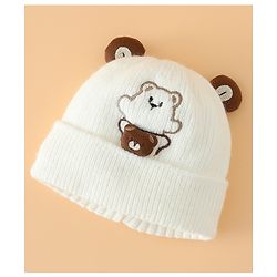 Babyhug Woollen Pom Pom Cap With Bear Design Off White - Diameter 9 cm