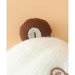 Babyhug Woollen Pom Pom Cap With Bear Design Off White - Diameter 9 cm