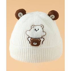 Babyhug Woollen Pom Pom Cap With Bear Design Off White - Diameter 9 cm