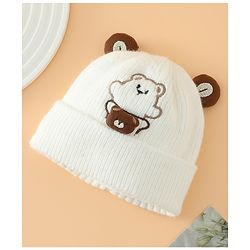 Babyhug Woollen Pom Pom Cap With Bear Design Off White - Diameter 9 cm