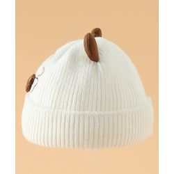 Babyhug Woollen Pom Pom Cap With Bear Design Off White - Diameter 9 cm