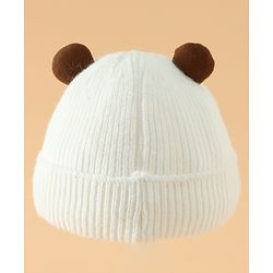 Babyhug Woollen Pom Pom Cap With Bear Design Off White - Diameter 9 cm