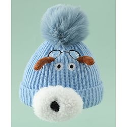 Babyhug Woollen Cap with Pom Pom & Animal Applique in Sky Blue - Diameter 16 cm
