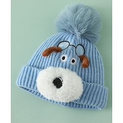 Babyhug Woollen Cap with Pom Pom & Animal Applique in Sky Blue - Diameter 16 cm