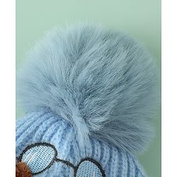 Babyhug Woollen Cap with Pom Pom & Animal Applique in Sky Blue - Diameter 16 cm