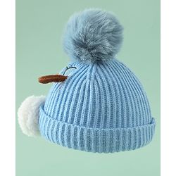 Babyhug Woollen Cap with Pom Pom & Animal Applique in Sky Blue - Diameter 16 cm