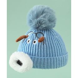 Babyhug Woollen Cap with Pom Pom & Animal Applique in Sky Blue - Diameter 16 cm