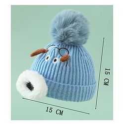Babyhug Woollen Cap with Pom Pom & Animal Applique in Sky Blue - Diameter 16 cm