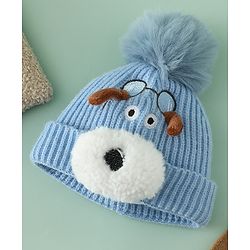 Babyhug Woollen Cap with Pom Pom & Animal Applique in Sky Blue - Diameter 16 cm