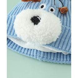 Babyhug Woollen Cap with Pom Pom & Animal Applique in Sky Blue - Diameter 16 cm