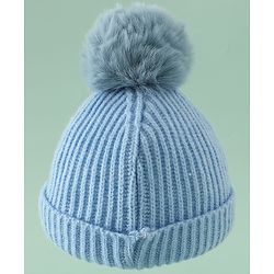 Babyhug Woollen Cap with Pom Pom & Animal Applique in Sky Blue - Diameter 16 cm