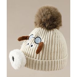 Babyhug Woollen Cap with Pom Pom & Animal Applique in Sky Blue - Diameter 16 cm