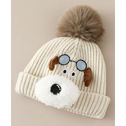 Babyhug Woollen Cap with Pom Pom & Animal Applique in Sky Blue - Diameter 16 cm