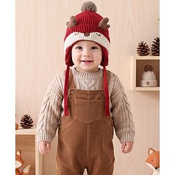 Babyhug Woollen Horn Designed Cap featuring Reindeer Antler Details and Pom-Pom Cap Red - Diameter 10.5 cm
