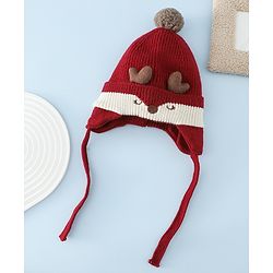 Babyhug Woollen Horn Designed Cap featuring Reindeer Antler Details and Pom-Pom Cap Red - Diameter 10.5 cm