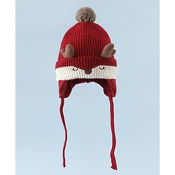 Babyhug Woollen Horn Designed Cap featuring Reindeer Antler Details and Pom-Pom Cap Red - Diameter 10.5 cm