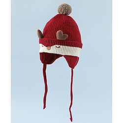Babyhug Woollen Horn Designed Cap featuring Reindeer Antler Details and Pom-Pom Cap Red - Diameter 10.5 cm