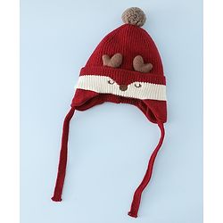 Babyhug Woollen Horn Designed Cap featuring Reindeer Antler Details and Pom-Pom Cap Red - Diameter 10.5 cm