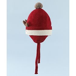 Babyhug Woollen Horn Designed Cap featuring Reindeer Antler Details and Pom-Pom Cap Red - Diameter 10.5 cm