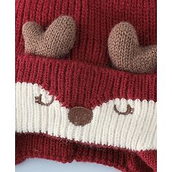 Babyhug Woollen Horn Designed Cap featuring Reindeer Antler Details and Pom-Pom Cap Red - Diameter 10.5 cm