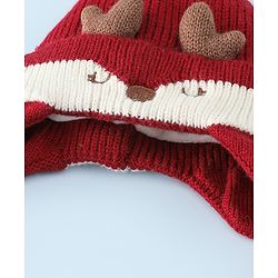 Babyhug Woollen Horn Designed Cap featuring Reindeer Antler Details and Pom-Pom Cap Red - Diameter 10.5 cm