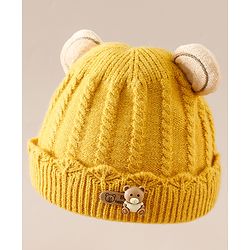 Babyhug Woollen Cap With Ear & Teddy Bear Applique Yellow - Diameter 9 cm