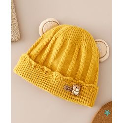 Babyhug Woollen Cap With Ear & Teddy Bear Applique Yellow - Diameter 9 cm