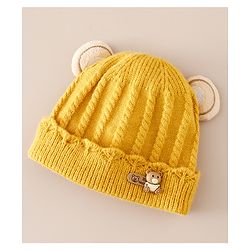 Babyhug Woollen Cap With Ear & Teddy Bear Applique Yellow - Diameter 9 cm