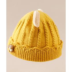 Babyhug Woollen Cap With Ear & Teddy Bear Applique Yellow - Diameter 9 cm