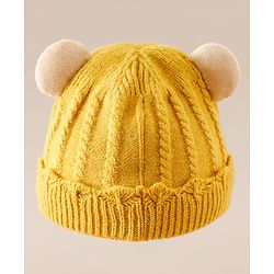 Babyhug Woollen Cap With Ear & Teddy Bear Applique Yellow - Diameter 9 cm