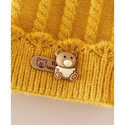 Babyhug Woollen Cap With Ear & Teddy Bear Applique Yellow - Diameter 9 cm