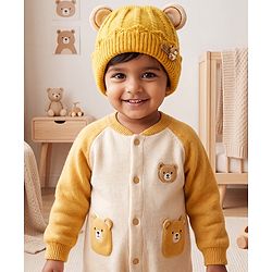 Babyhug Woollen Cap With Ear & Teddy Bear Applique Yellow - Diameter 9 cm