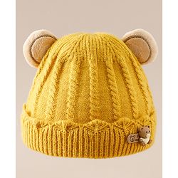 Babyhug Woollen Cap With Ear & Teddy Bear Applique Yellow - Diameter 9 cm