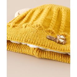 Babyhug Woollen Cap With Ear & Teddy Bear Applique Yellow - Diameter 9 cm