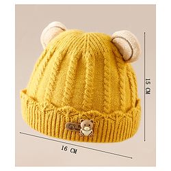 Babyhug Woollen Cap With Ear & Teddy Bear Applique Yellow - Diameter 9 cm