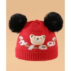 Babyhug Woollen Cap With Bear Design in Red - Diameter 16 cm