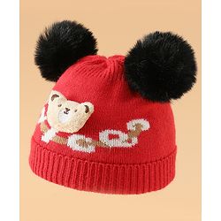 Babyhug Woollen Cap With Bear Design in Red - Diameter 16 cm