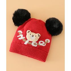 Babyhug Woollen Cap With Bear Design in Red - Diameter 16 cm