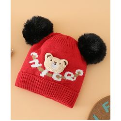 Babyhug Woollen Cap With Bear Design in Red - Diameter 16 cm