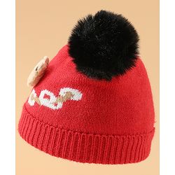 Babyhug Woollen Cap With Bear Design in Red - Diameter 16 cm