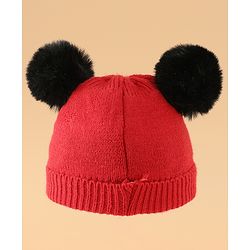 Babyhug Woollen Cap With Bear Design in Red - Diameter 16 cm