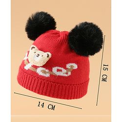 Babyhug Woollen Cap With Bear Design in Red - Diameter 16 cm