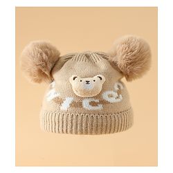 Babyhug Woollen Cap With Bear Design in Red - Diameter 16 cm