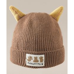Babyhug Woollen Cap with Ear & Bear Patch in Brown - Diameter 16 cm
